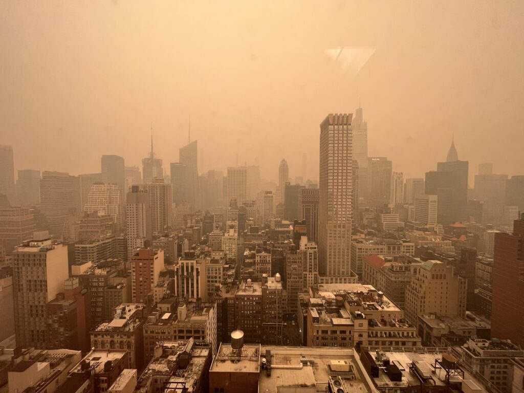 An eerie view from the office, as smoke from the forest fires in Canada descends on New York City. 